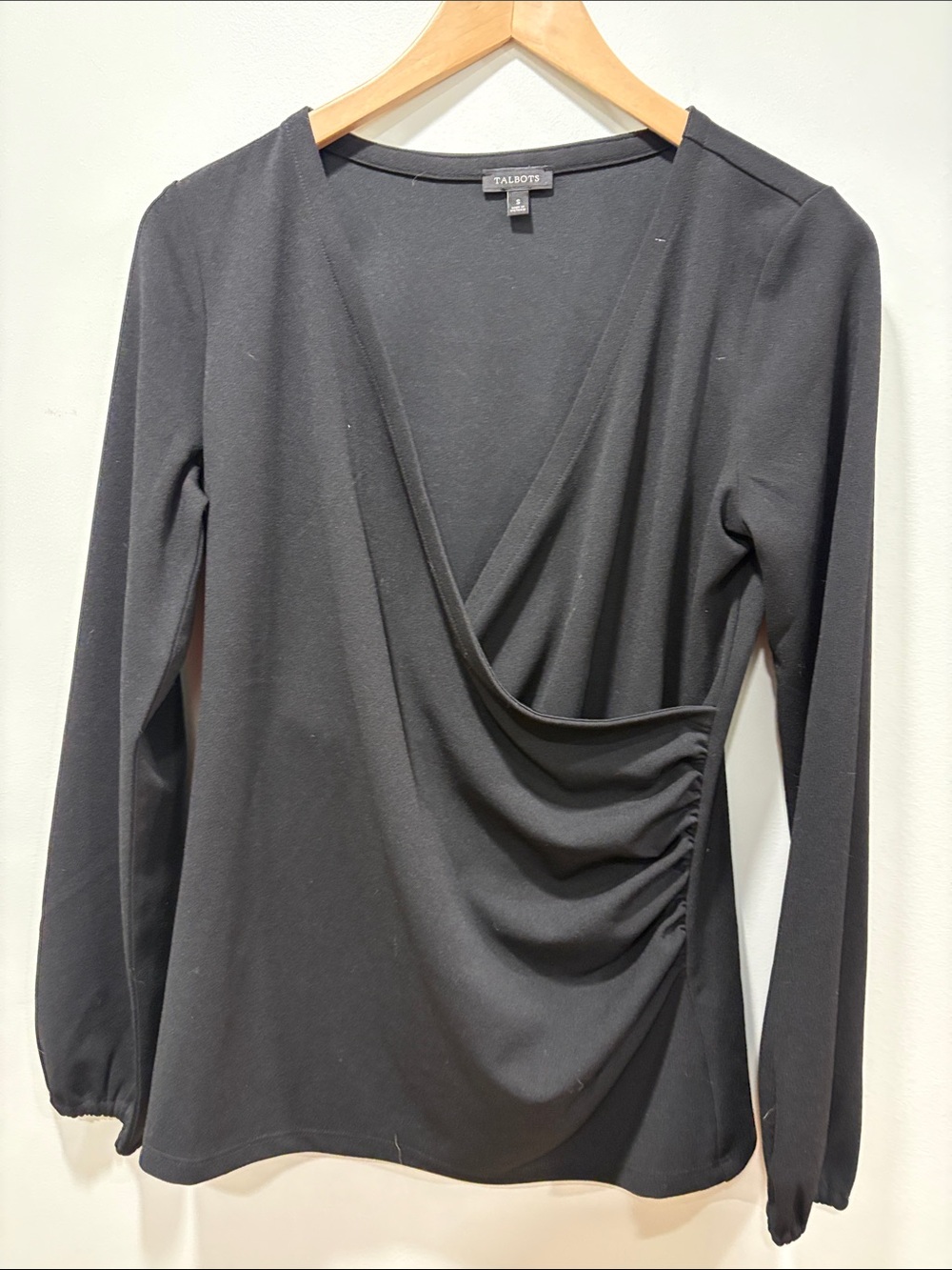 Talbots Women’s Black Long Sleeve Faux-Wrap Top with Side Ruching. Never worn.
